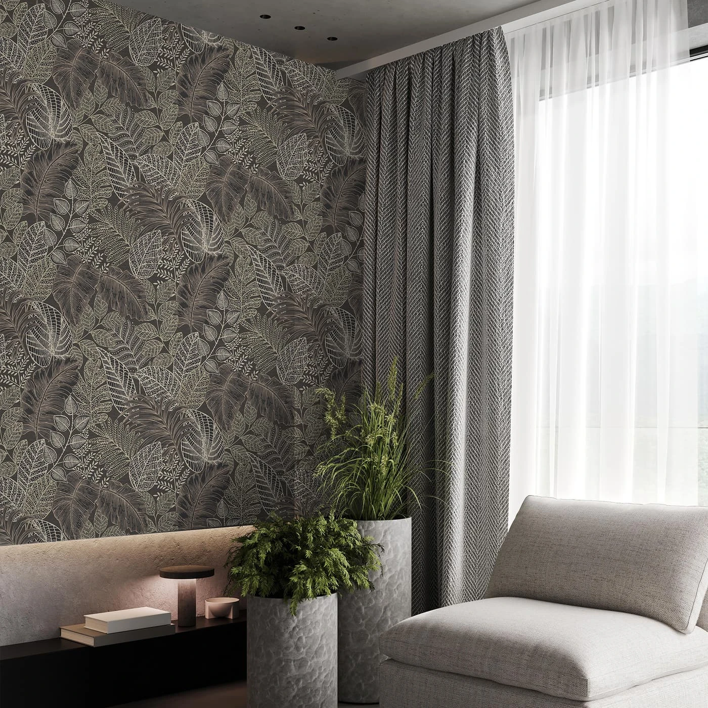 Scattered Leaves Charcoal And Gold Wallpaper