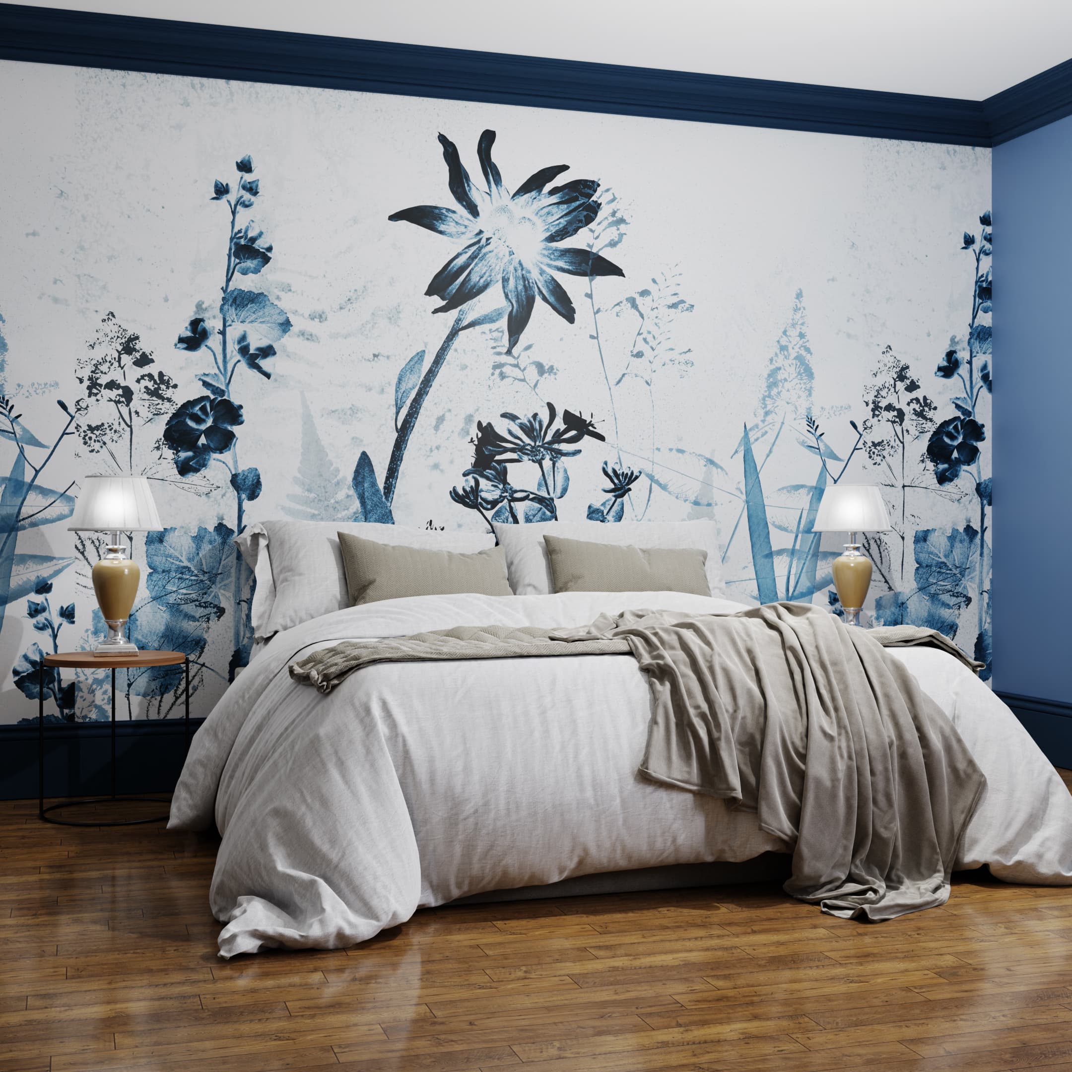 Flower Press Blue Bespoke Mural