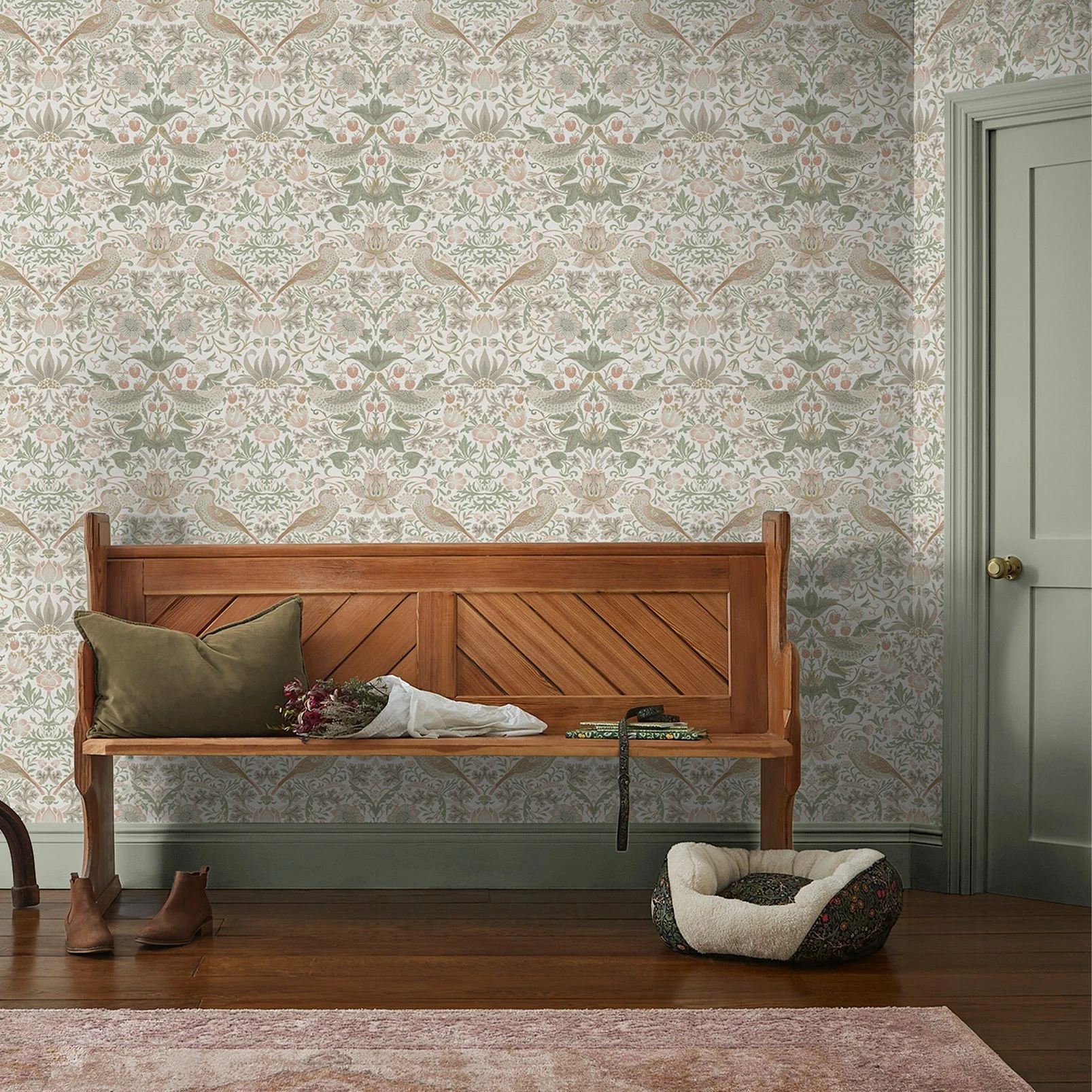 Strawberry Thief Sage & Pink Wallpaper - 124233_ROOMSET_STRAWBERRY THIEF PINK & SAGE_01.jpg