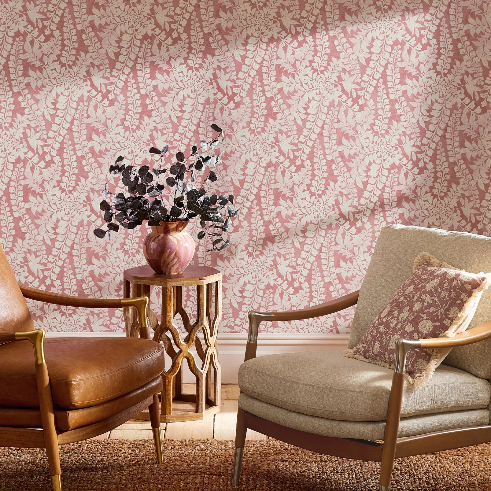 Next Roaming Leaf Raspberry Wallpaper - 122879_ROOMSET_ROAMING LEAF PINK_01.jpg