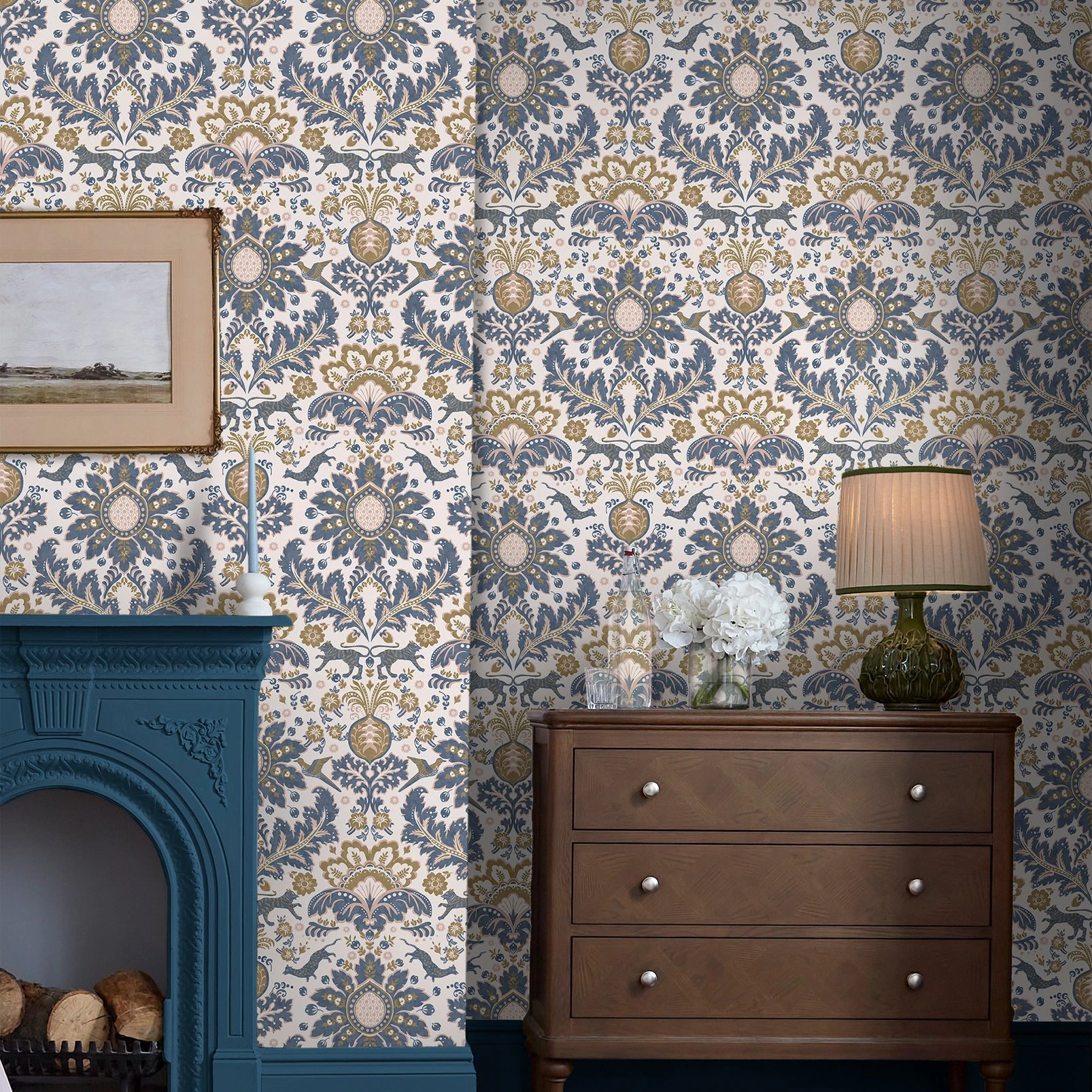 Joules Animal Damask Blue & Gold Wallpaper - 128944_ROOMSET_ANIMAL DAMASK PRINT CREAM & BLUE & GOLD_01.jpg