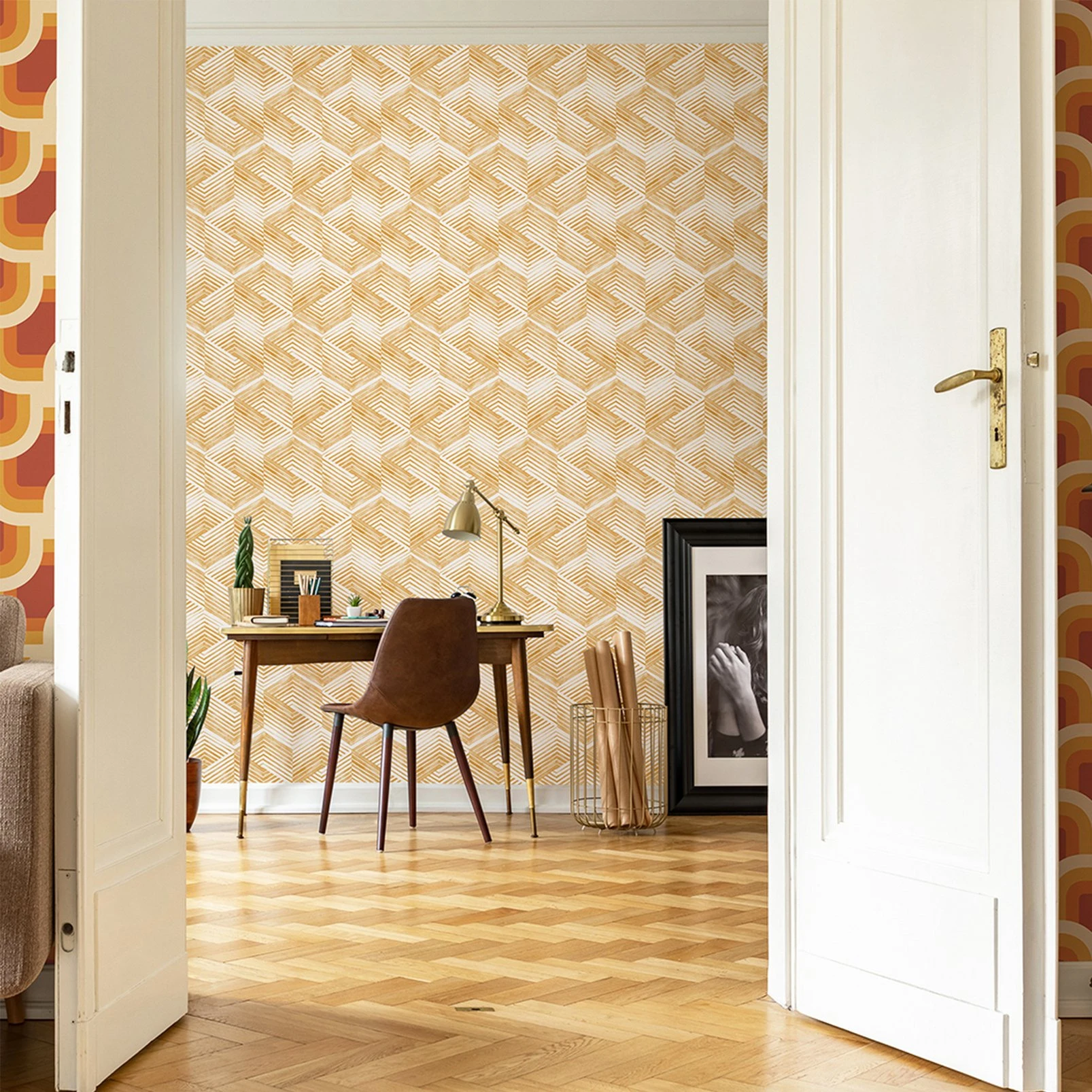 Nicole Miller Geo Movement Peel & Stick Turmeric Wallpaper - 127451_ROOMSET_GEO MOVEMENT TURMERIC_01.jpg