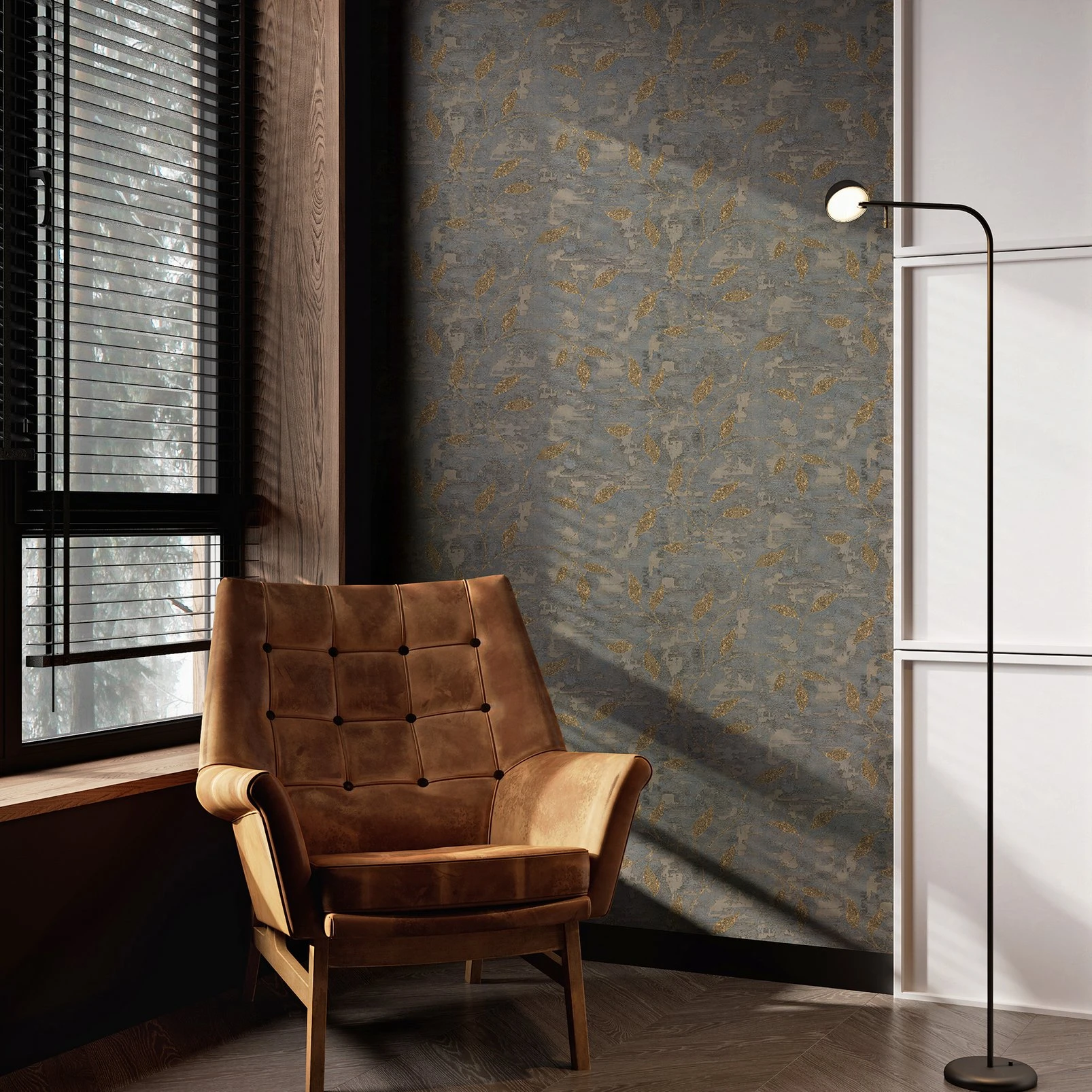 Ornamental Leaf Steel & Gold Wallpaper - 128796_ROOMSET_ORNAMENTAL LEAF STEEL GOLD_02.jpg