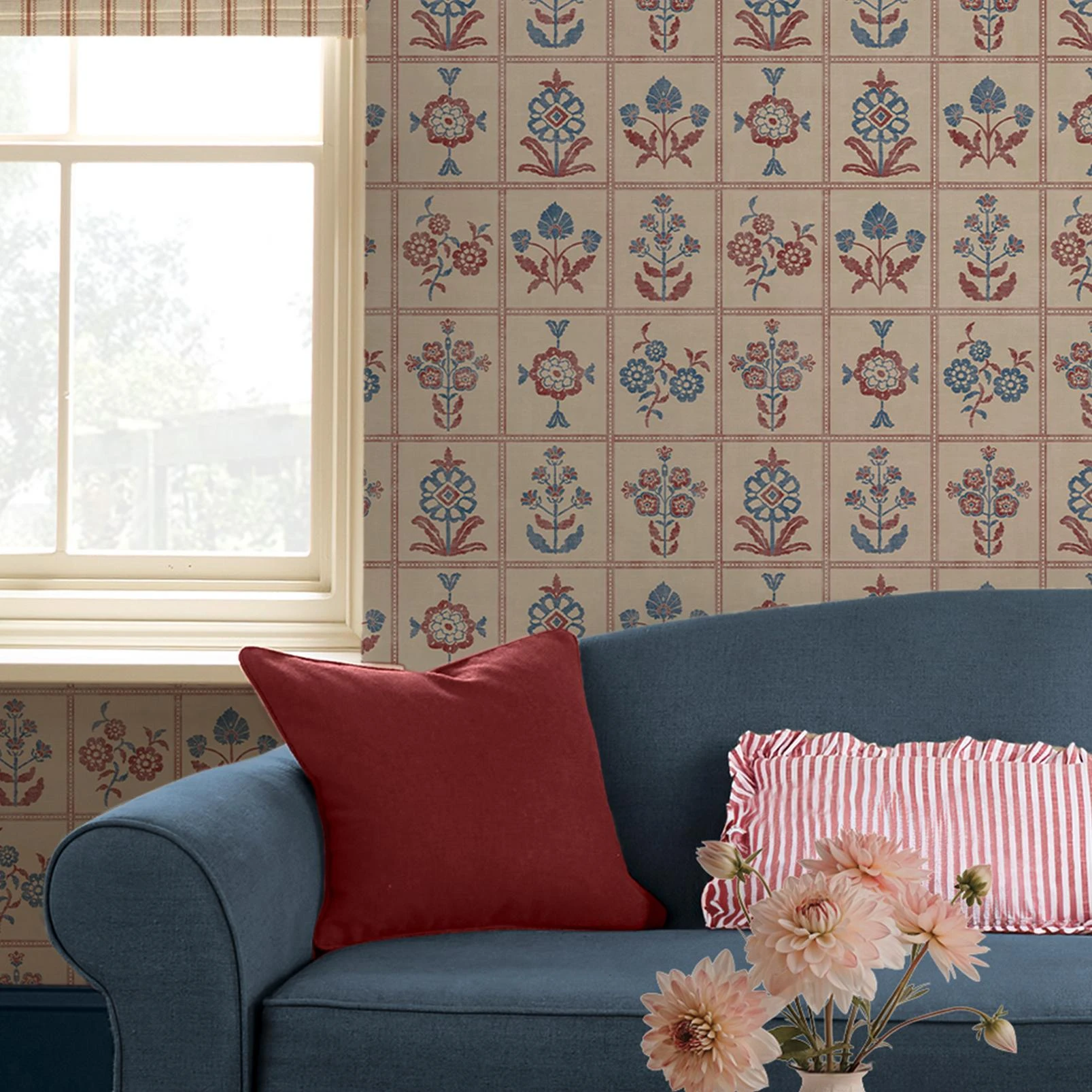 Joules Garden Floral Grid Red & Blue Wallpaper - 145384_ROOMSET_GARDEN FLORAL GRID RED AND BLUE_02.jpg