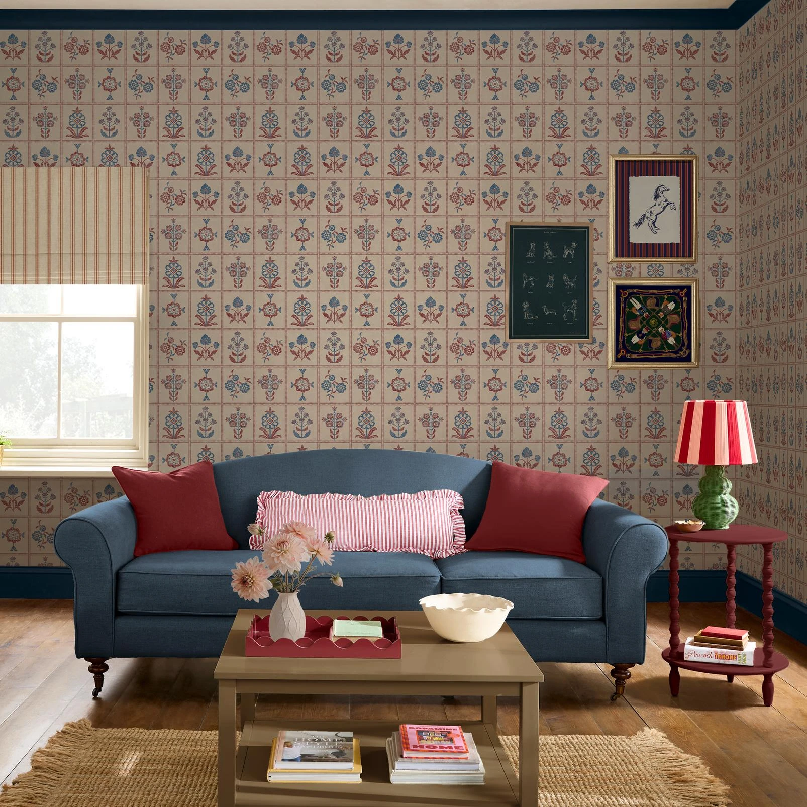 Joules Garden Floral Grid Red & Blue Wallpaper - 145384_ROOMSET_GARDEN FLORAL GRID RED AND BLUE_01.jpg