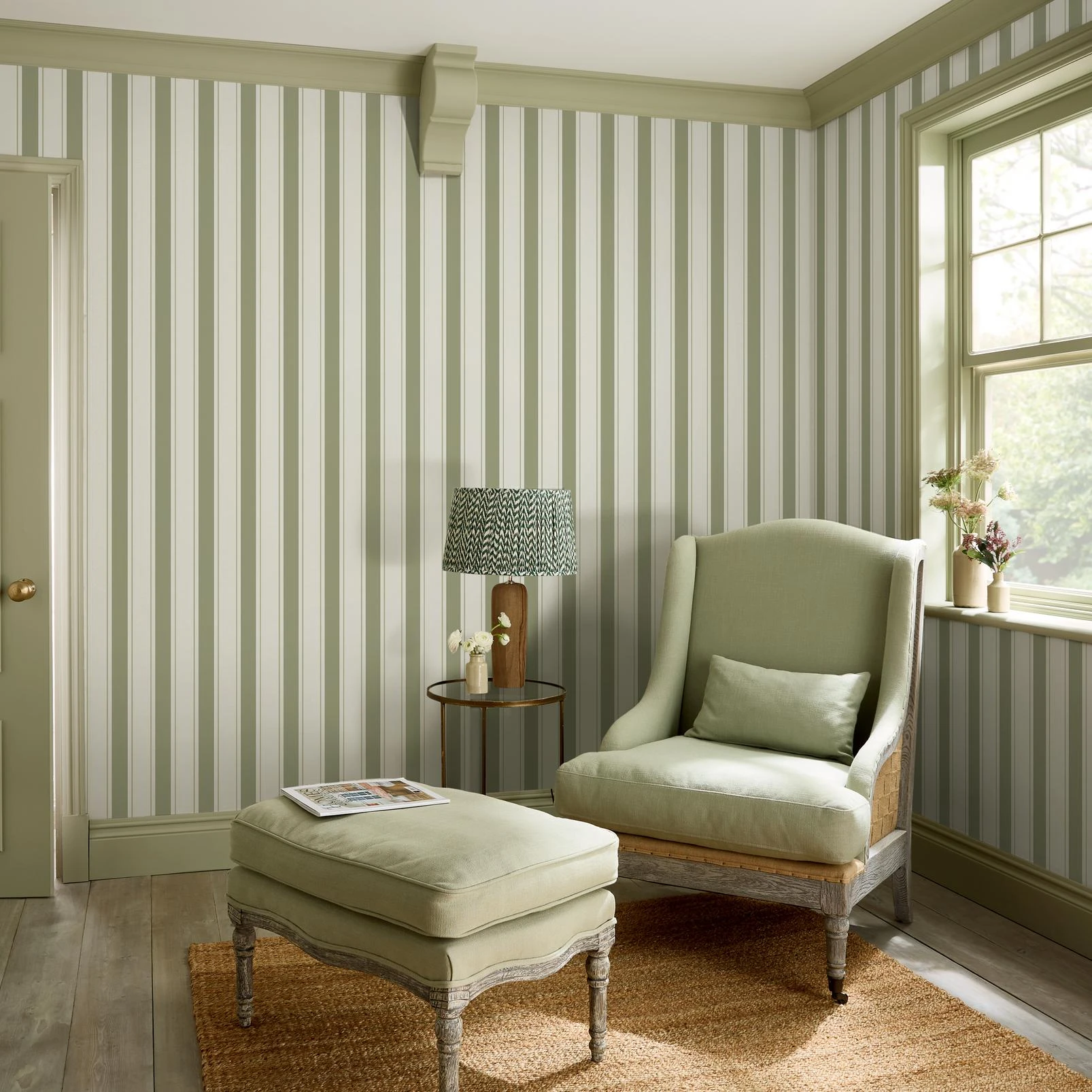 Sophie Allport Oundle Stripe Mossbank Green Wallpaper - 146844_ROOMSET_OUNDLE STRIPE MOSSBANK GREEN_01.jpg