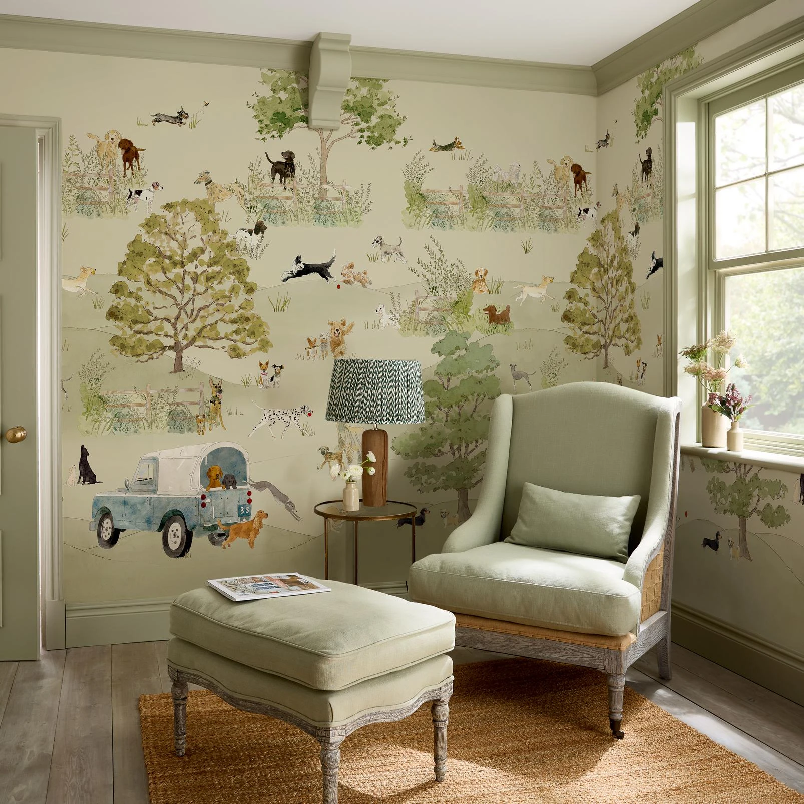 Sophie Allport Dog Walking Hambleton Sage Bespoke Mural - 146906_ROOMSET_DOG WALKING HAMBLETON SAGE_01.jpg
