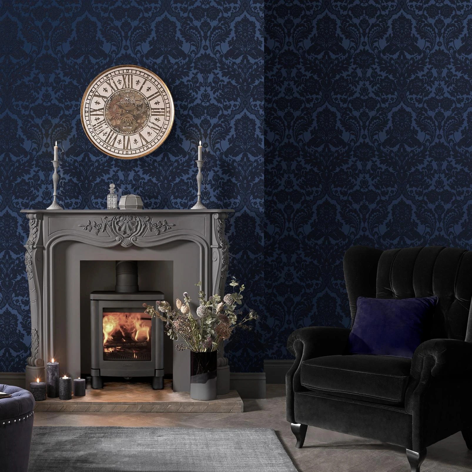 Gothic Damask Flock Cobalt Wallpaper - 104563_ROOMSET_01.jpg