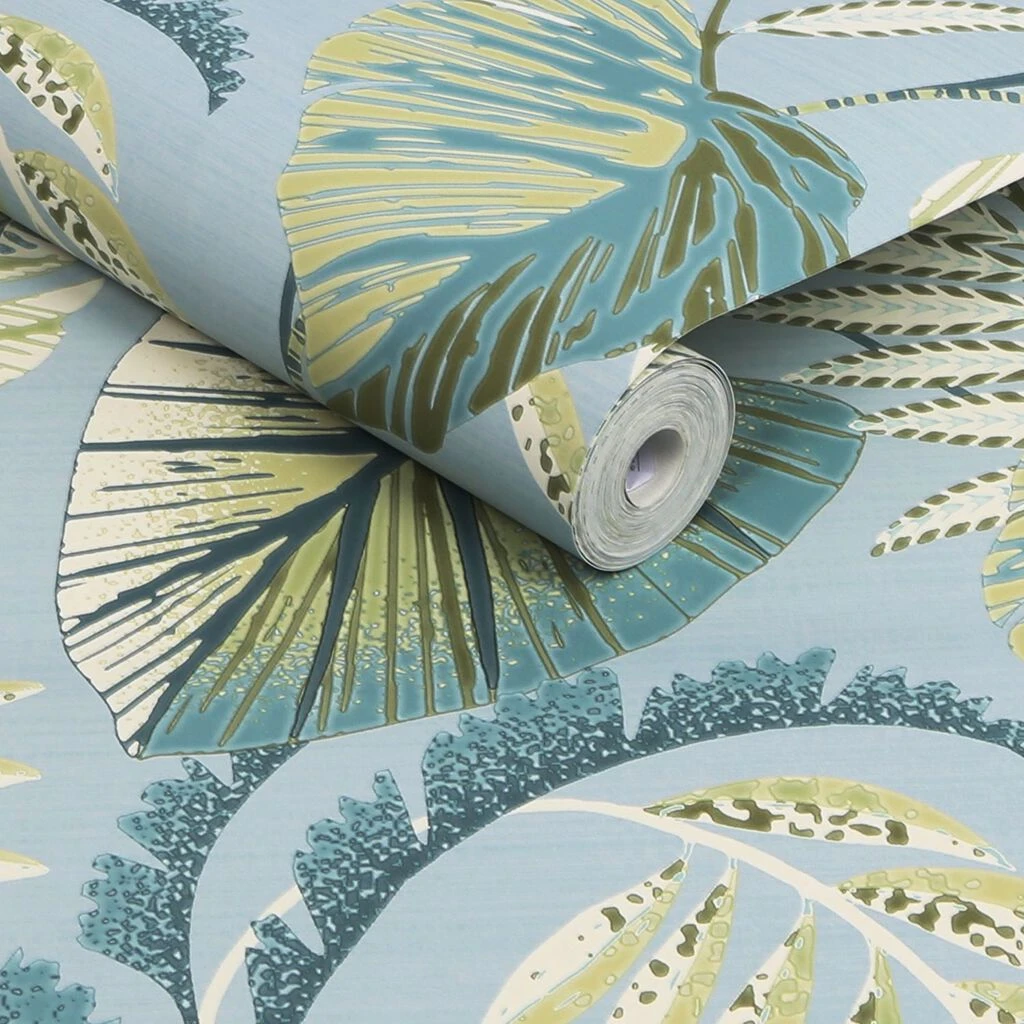 next jungle leaves duck egg wallpaper
