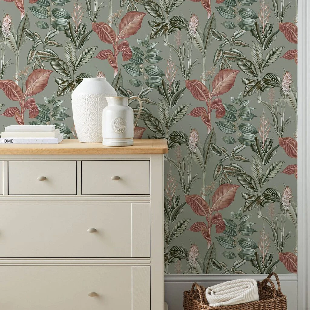 Next Rainforest Leaves Sage Wallpaper