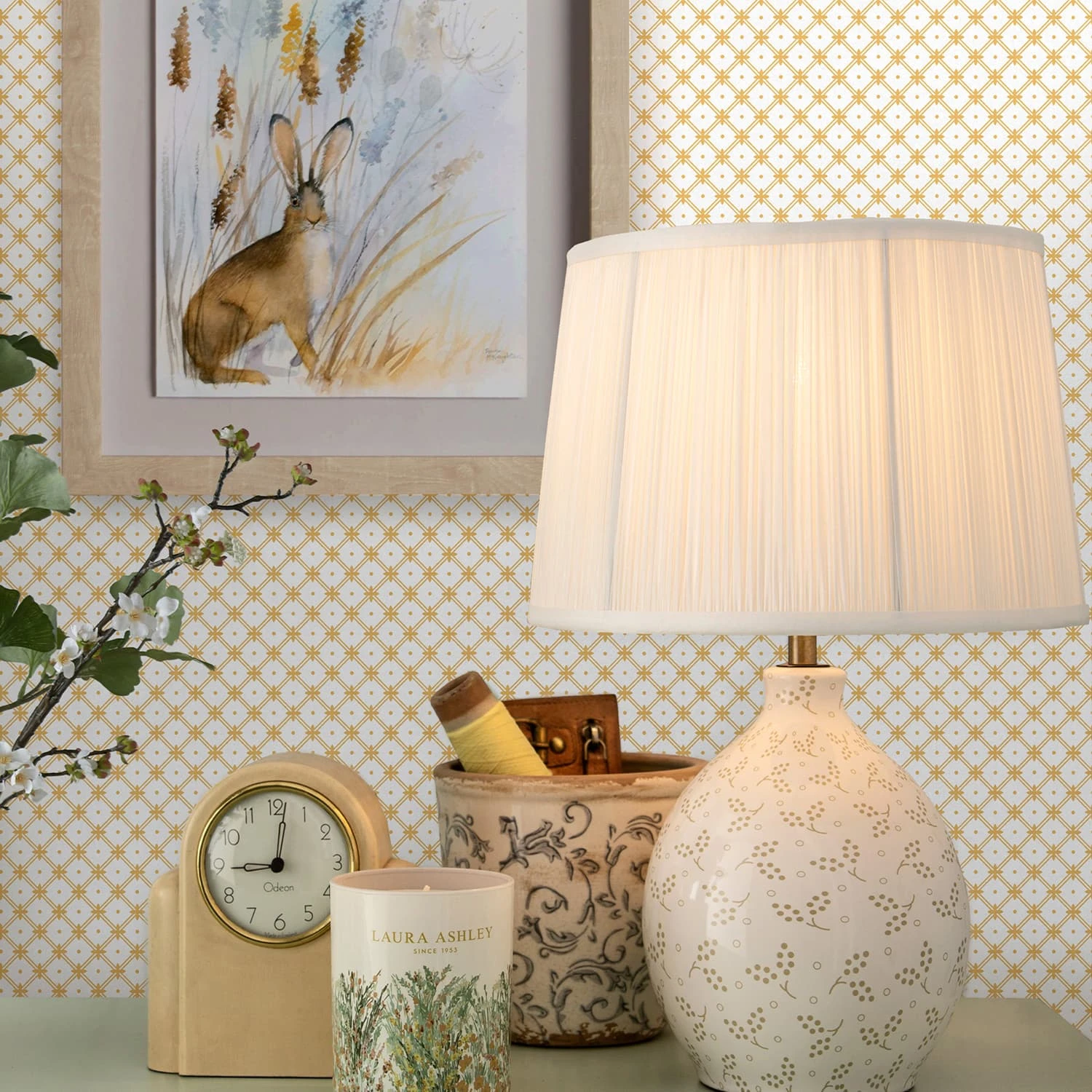 Laura Ashley Wickerwork Pale Ochre Yellow Wallpaper