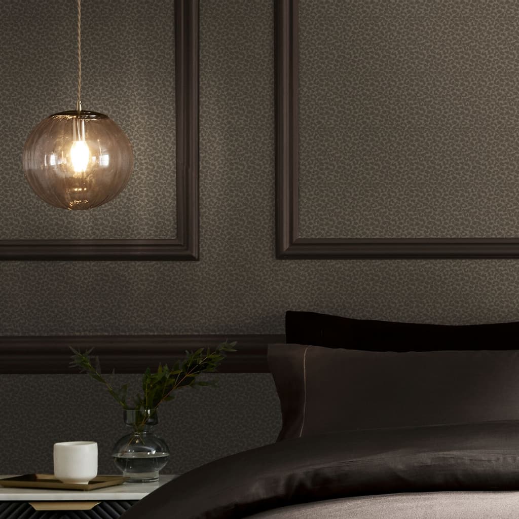 Next Taupe Leopard Wallpaper in a bedroom with chocolate coloured bedding.