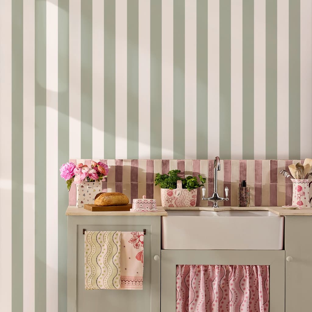 Cath Kidston Canopy Stripe Sage Wallpaper in a kitchen with sink and cupboards
