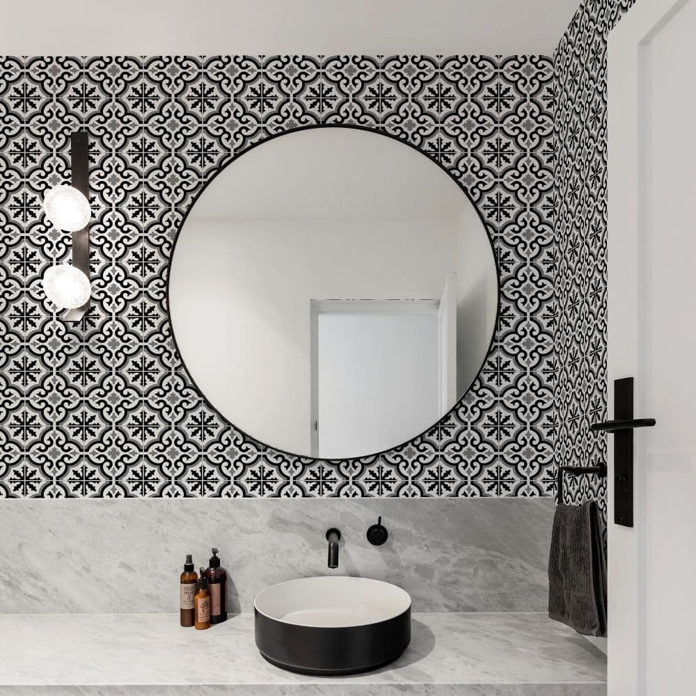 Transform Grecian Black Peel and Stick Wallpaper in a bathroom with sink and mirror
